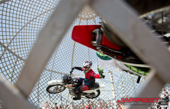 Extreme globe of death motorbike stunt show